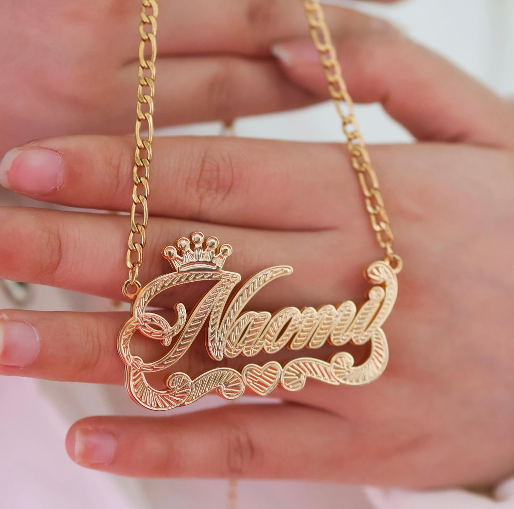 Crown Heart Double Plate Custom Name Chain