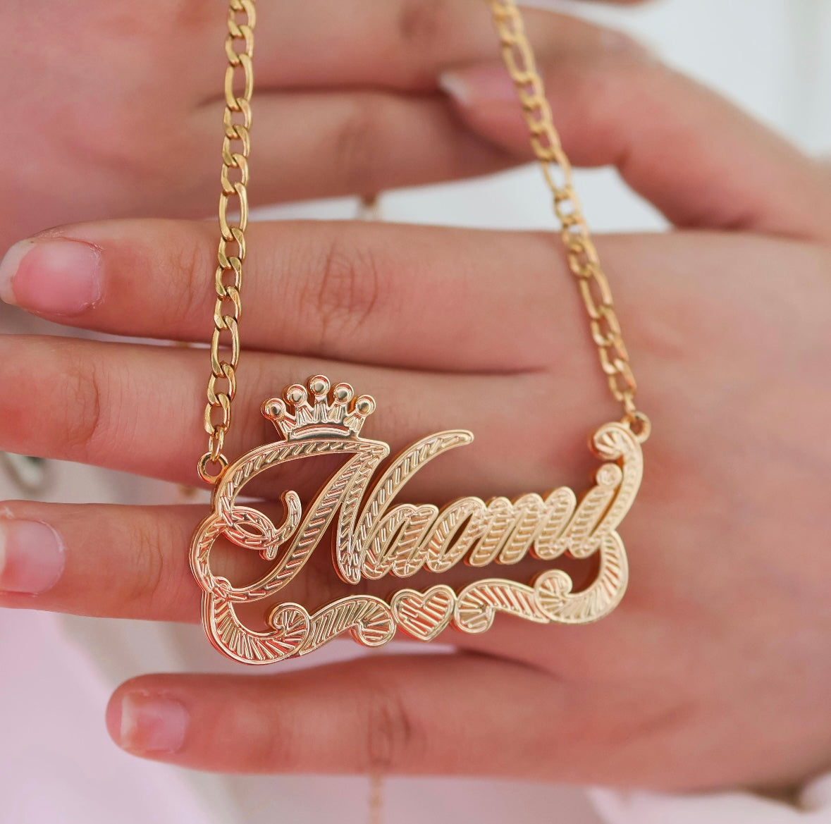 Crown Heart Double Plate Custom Name Chain
