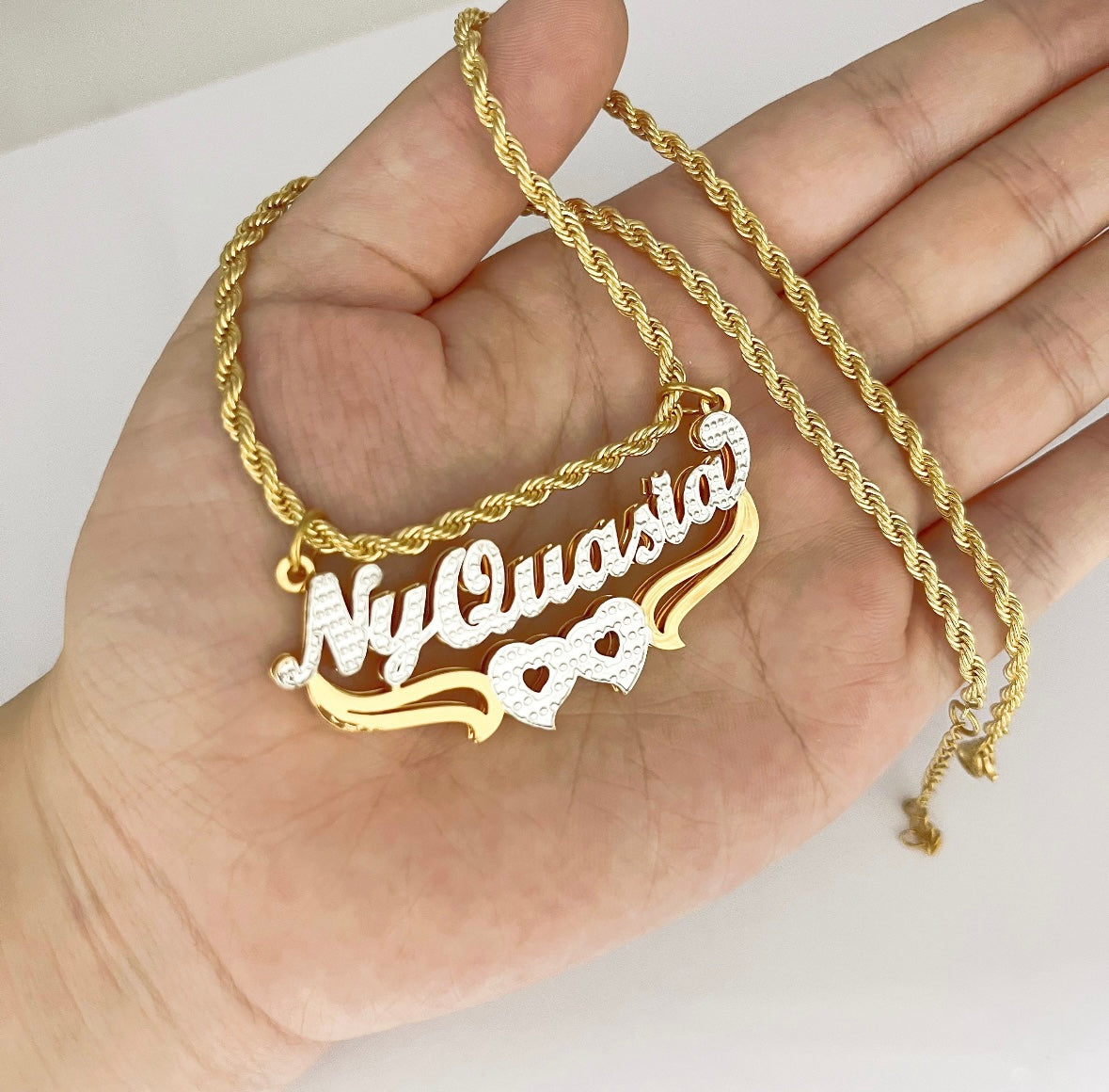 2Tone Double Name Plate Heart Chain