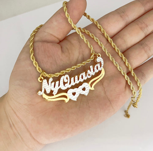 2Tone Double Name Plate Heart Chain