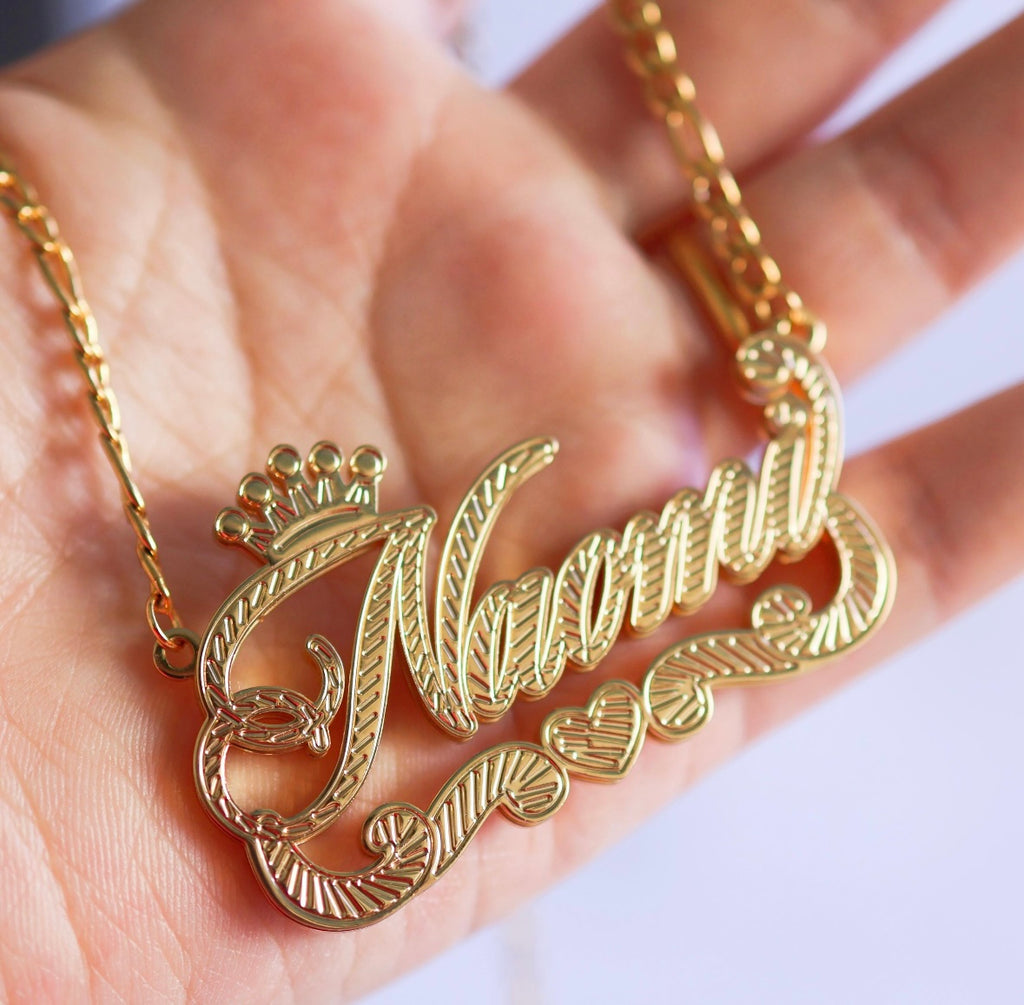 Crown Heart Double Plate Custom Name Chain